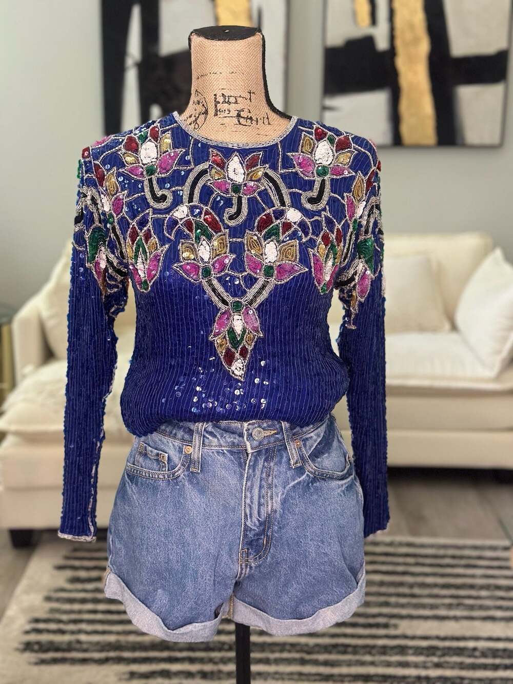 Lauren Alexandra Vintage 100% Silk Floral Sequin and Beaded Blouse